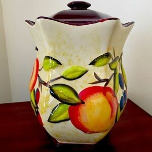Vintage Fruit Motif Biscotti Jar w/ Lid – Hand-Painted Ceramic Kitchen Decor